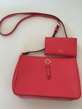 Kate Spade New York Coral Leather Crossbody Purse & Matching Wallet Set